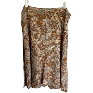 Land’s End 100% Silk Paisley Brown Midi Skirt Office Work Botanical Size 18